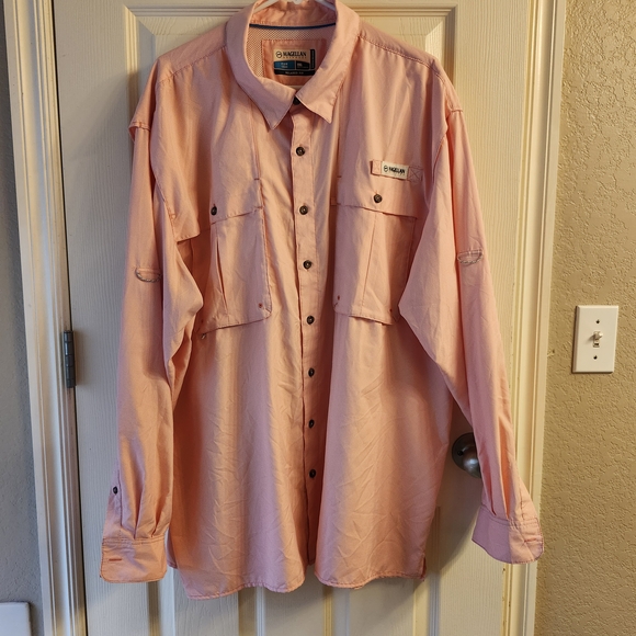 Magellan Fish Gear Men's Salmon Pink & White Long Sleeve, Button-Down Shirt - Picture 1 of 6